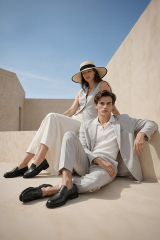 Elegant man and woman wearing black leather loafers in a minimalist beige architectural setting with refined summer tailoring and timeless luxury styling.