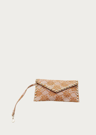 Matching camel leather pouch with textured finish and gold-tone stud details.