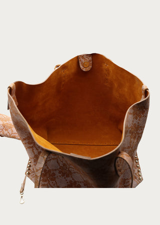 Interior view of the Siena Camel Leather Shopper showing spacious suede-lined compartment.