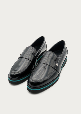 Copardo Maja black patent leather loafers front angle view