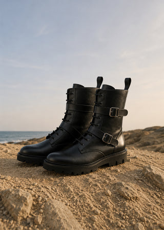 Black leather lace-up boots with buckle details styled outdoors on rocky terrain.