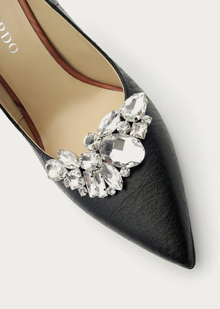 Selina crystal brooch on black pumps angle view